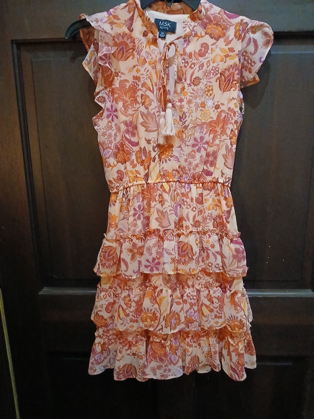 MSK Pink Orange Floral Tiered Ruffle Dress Size Small Petite